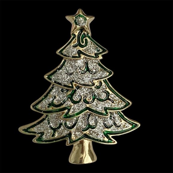 Vintage Christmas Tree Brooch Pin Green Enamel Glitter Gold Tone Plated - Picture 1 of 13